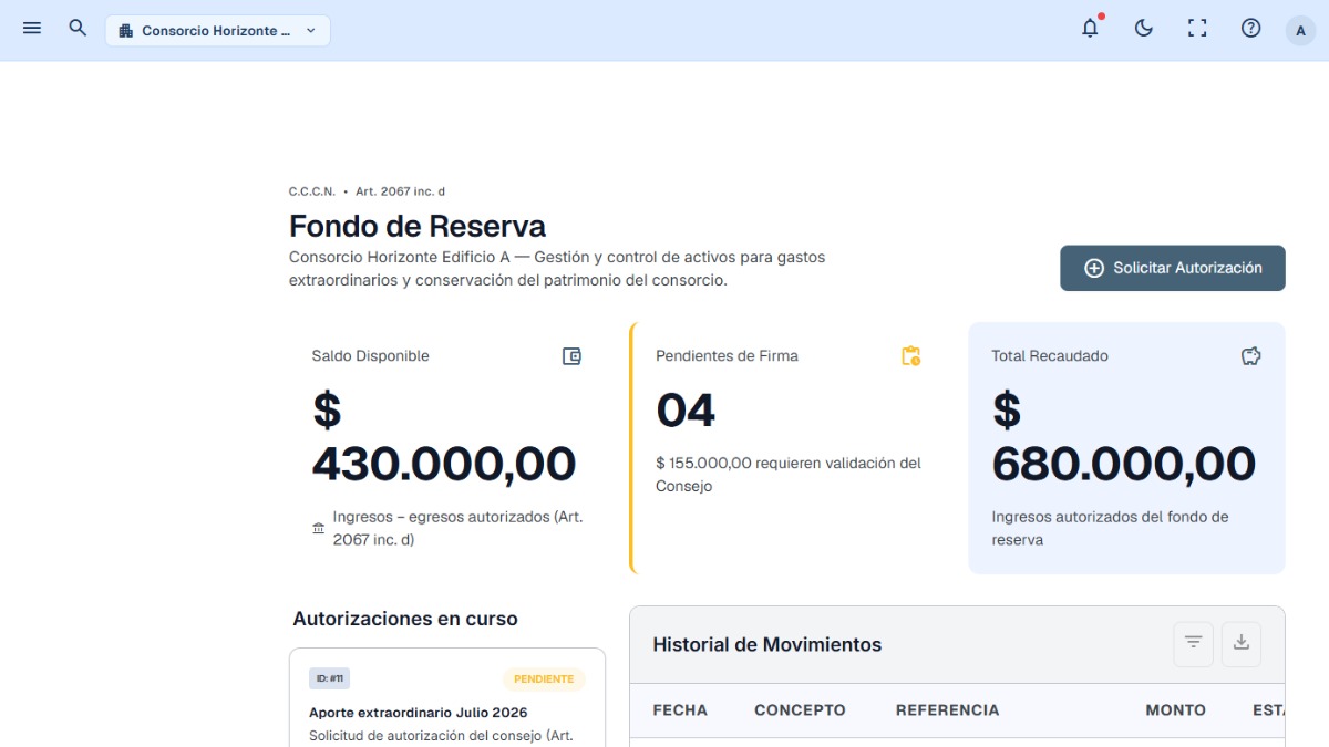 Fondo de reserva con movimientos reales.